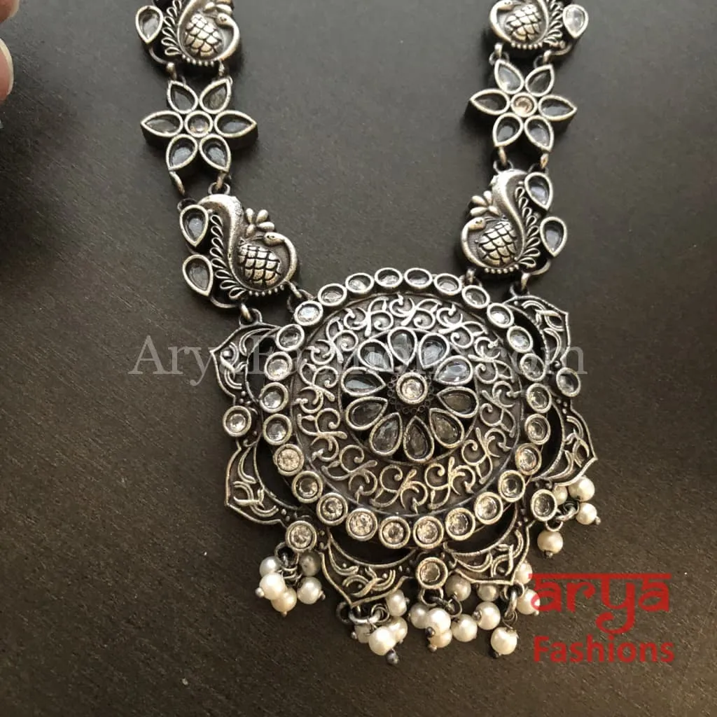 Sakshi Round Pendant Silver Oxidized Tribal Necklace with Pearl beads