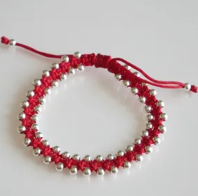 Silver Braided Balls on a  Lucky Red String Adjustable .925 sterling silver Bracelet