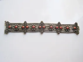 Silver Mesh Balkan Bracelet with Red Brown Cabochons