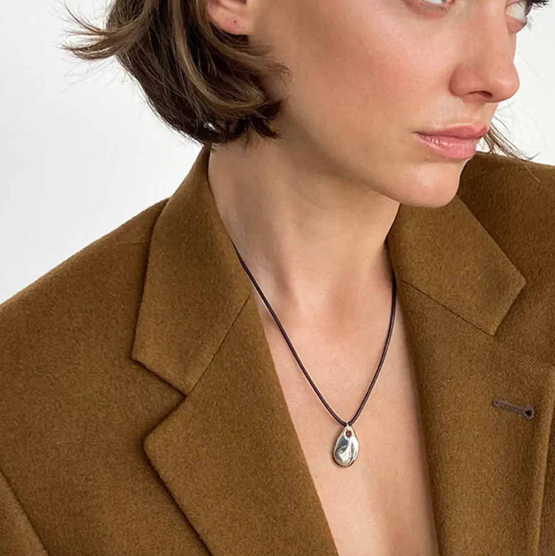 Silver Pebble Pendant Cord Necklace