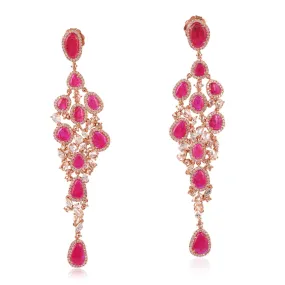 Slice Ruby July Birthstone Beautiful Chandelier Earrings Rose Cut Diamond In 18K Rose Gold
