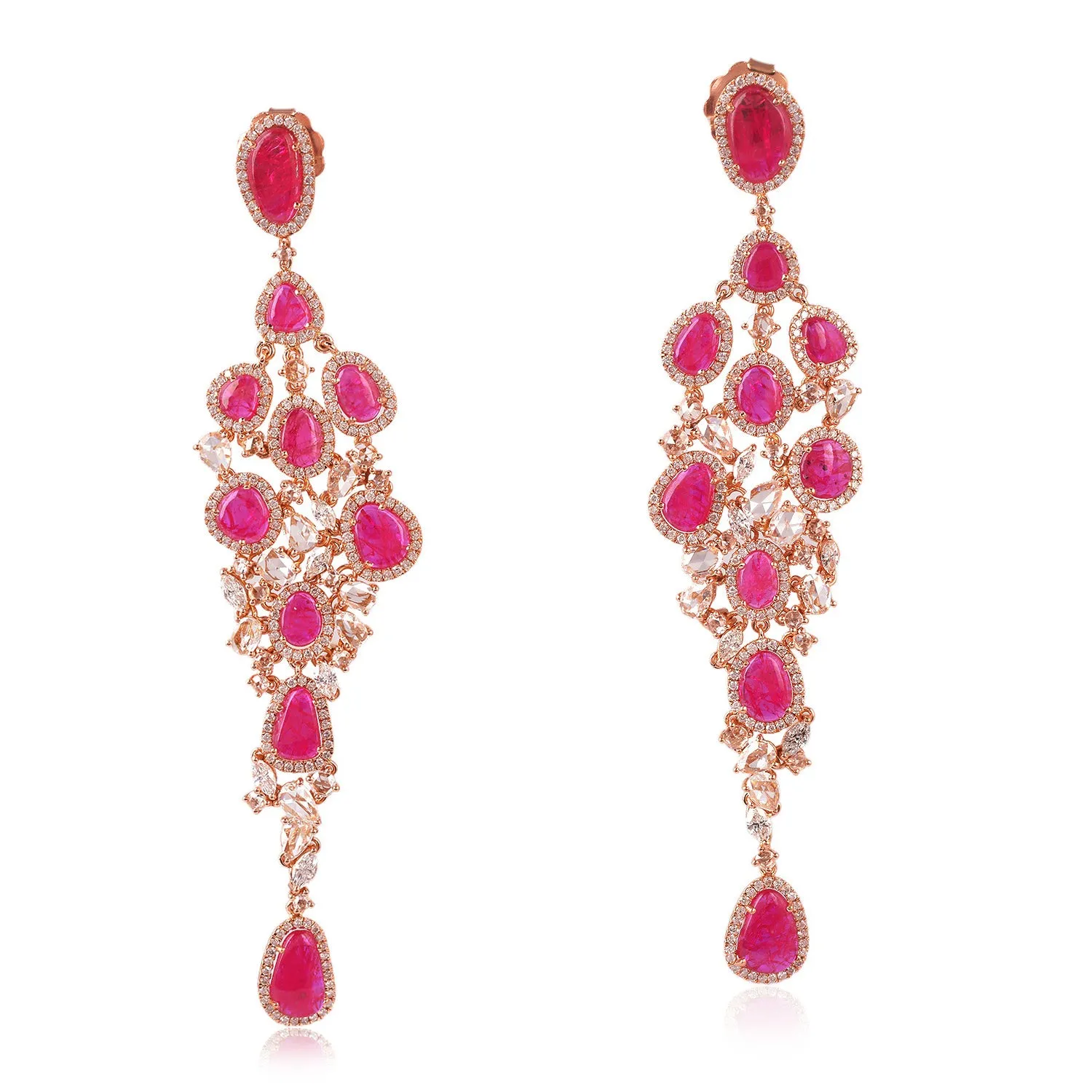 Slice Ruby July Birthstone Beautiful Chandelier Earrings Rose Cut Diamond In 18K Rose Gold