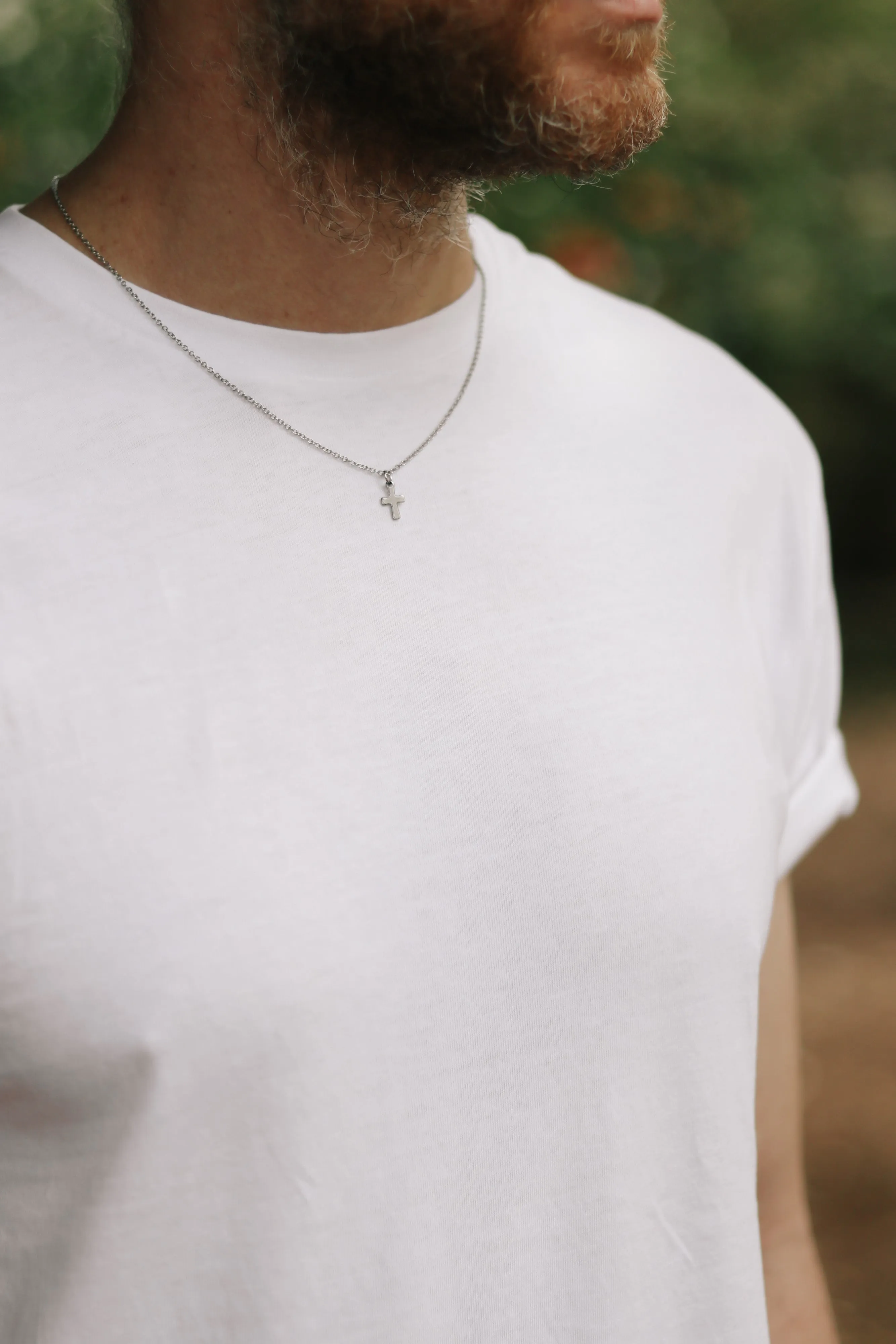 Small silver cross necklace for men, stainless steel chain necklace, waterproof