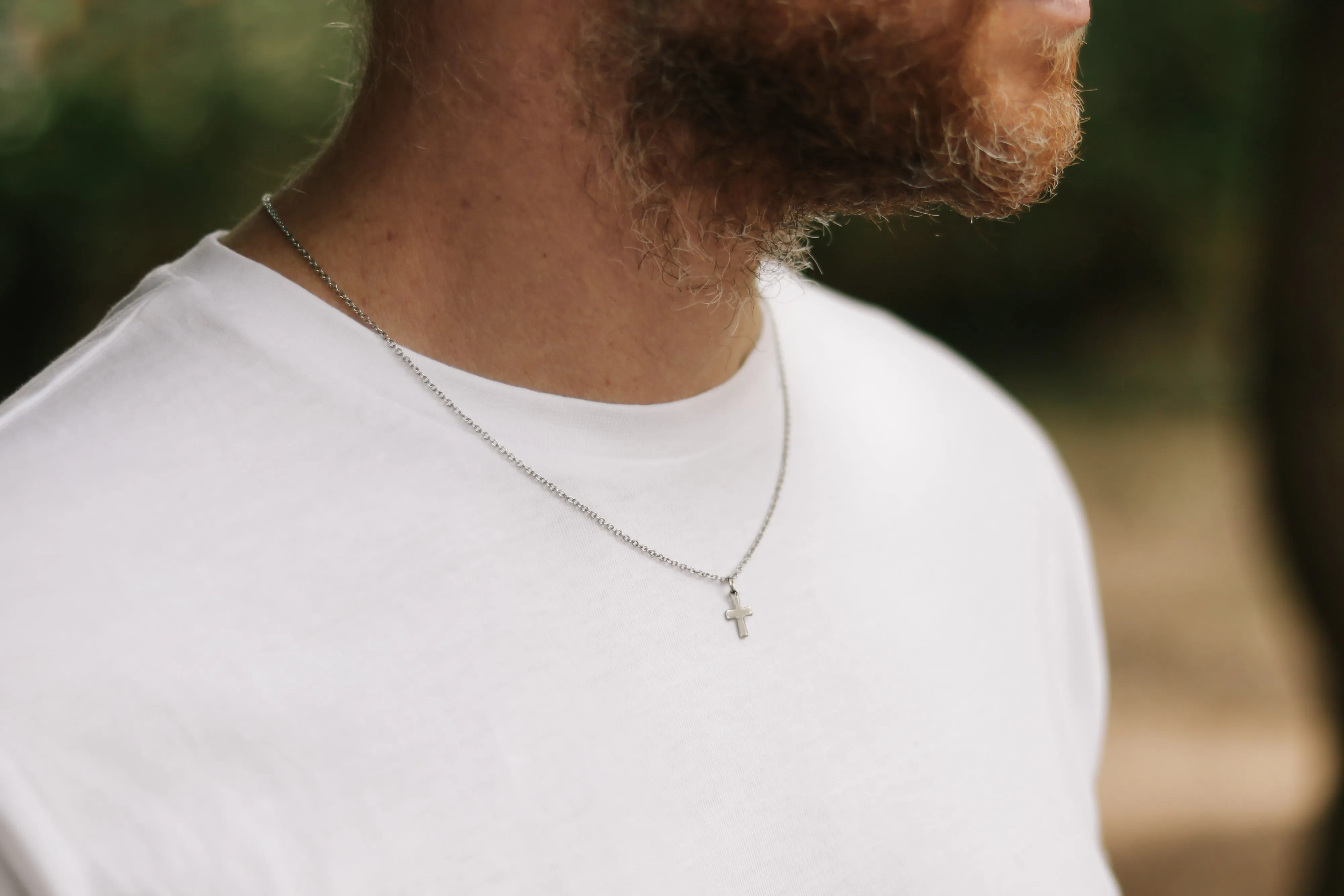 Small silver cross necklace for men, stainless steel chain necklace, waterproof
