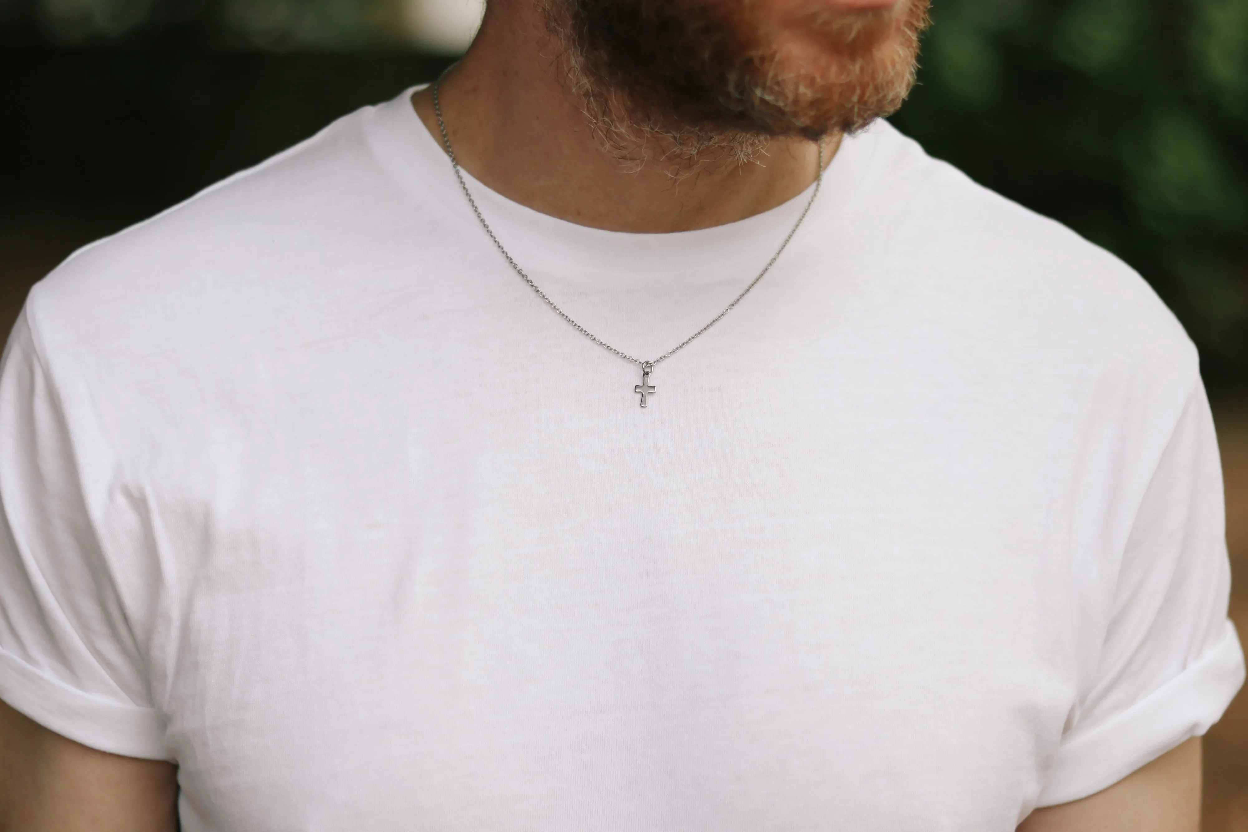 Small silver cross necklace for men, stainless steel chain necklace, waterproof