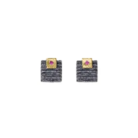 Square Earrings with Ruby and 18k Gold Square