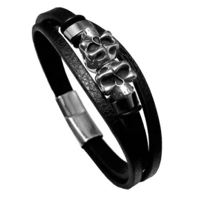 Stainless Steel Double Skull Triple Band Leather Bracelet