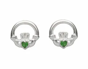 Sterling Silver Claddagh Stud Earrings With An Emerald Stone