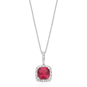 Sterling Silver Cushion & Round Brilliant Cut Created Ruby & Diamond Set Pendant