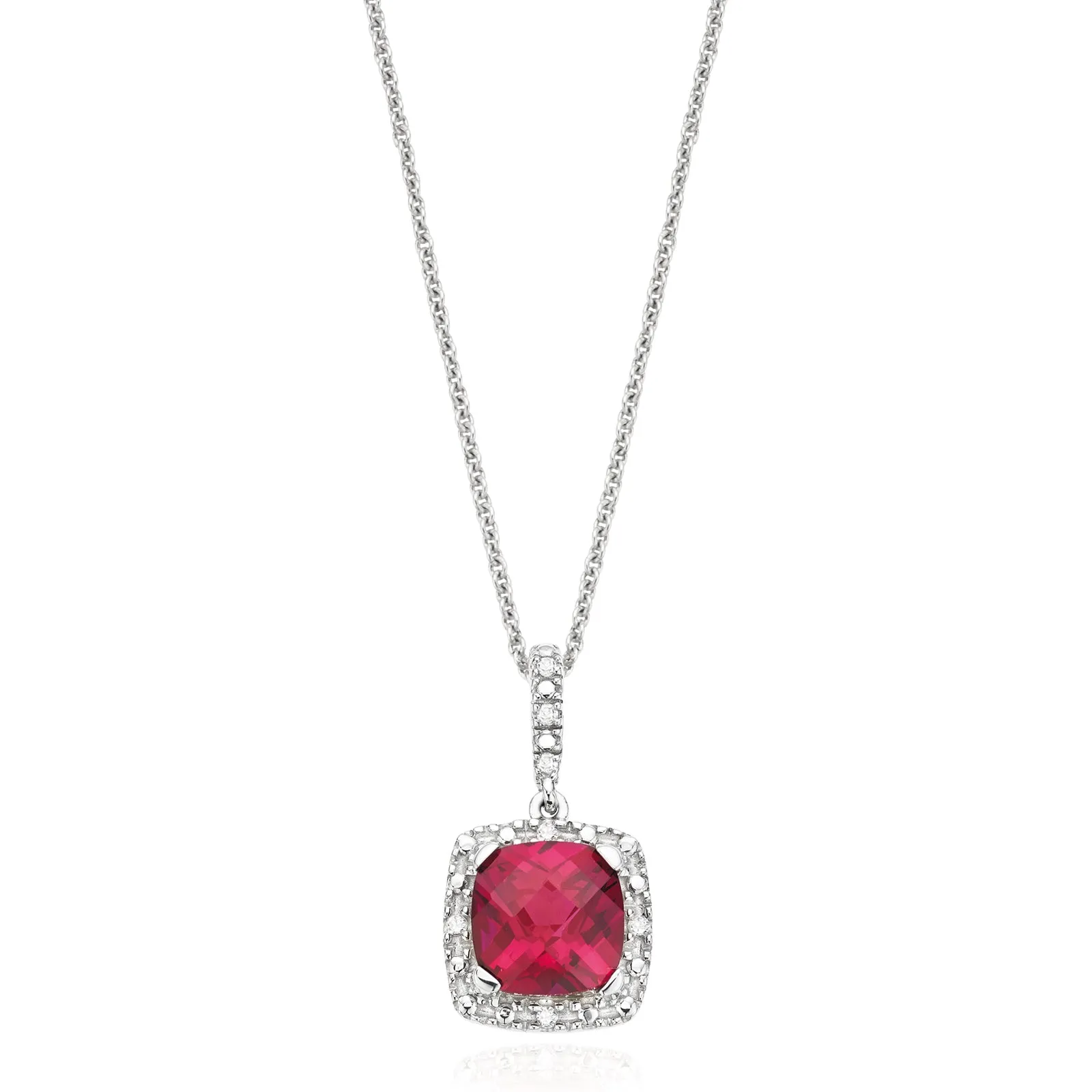 Sterling Silver Cushion & Round Brilliant Cut Created Ruby & Diamond Set Pendant