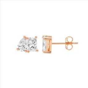 Sterling Silver Rose Gold Plated Emerald & Pear Cut Cz Stud Earrings