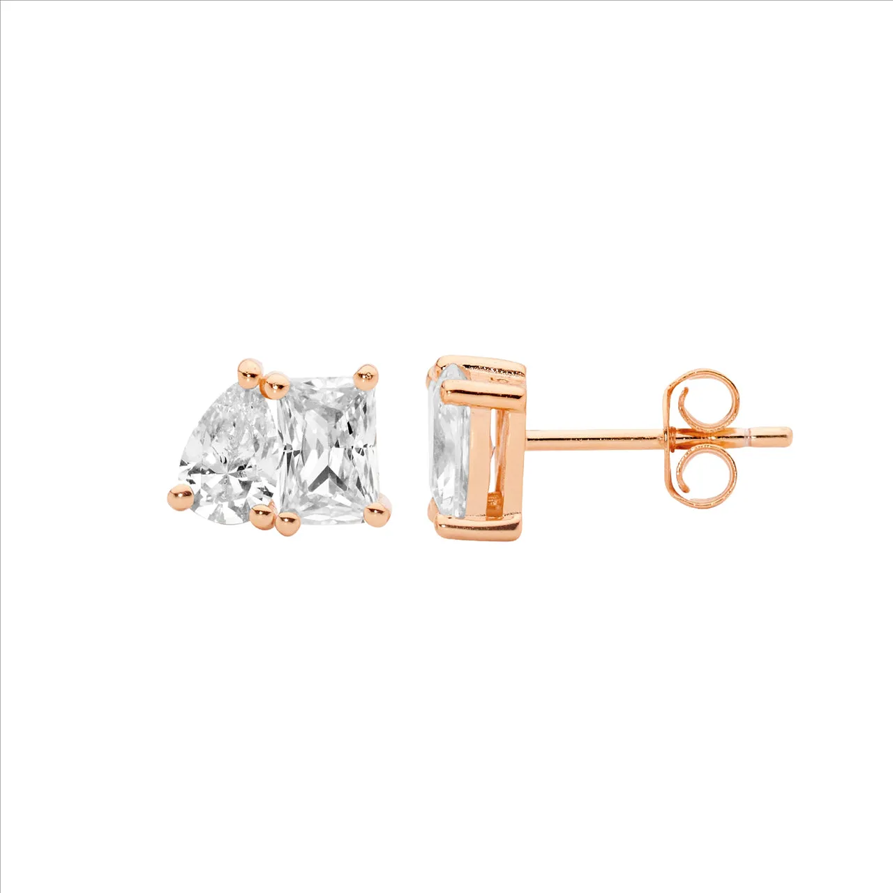 Sterling Silver Rose Gold Plated Emerald & Pear Cut Cz Stud Earrings
