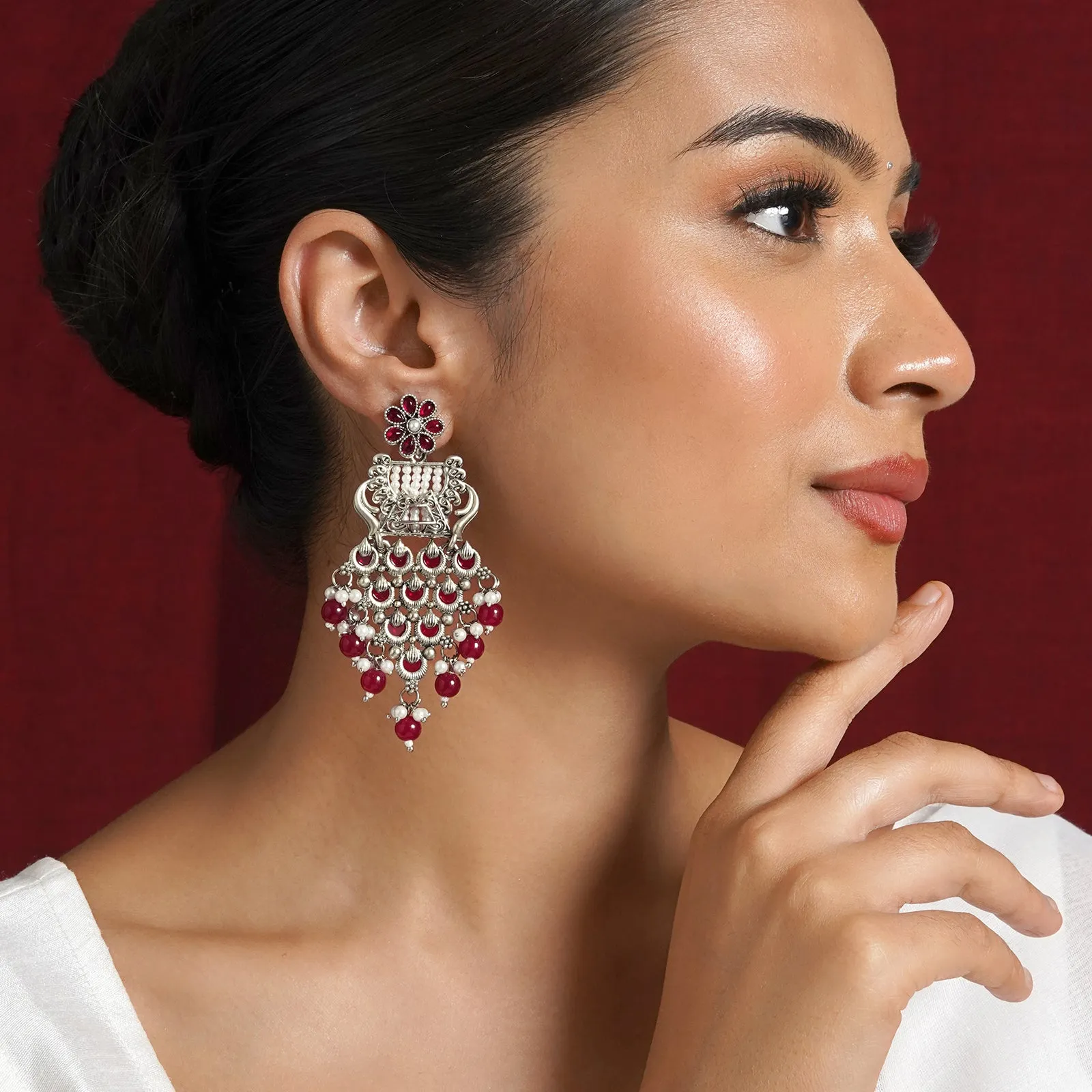 Teejh Gulchehra Silver Oxidised Ruby Earring
