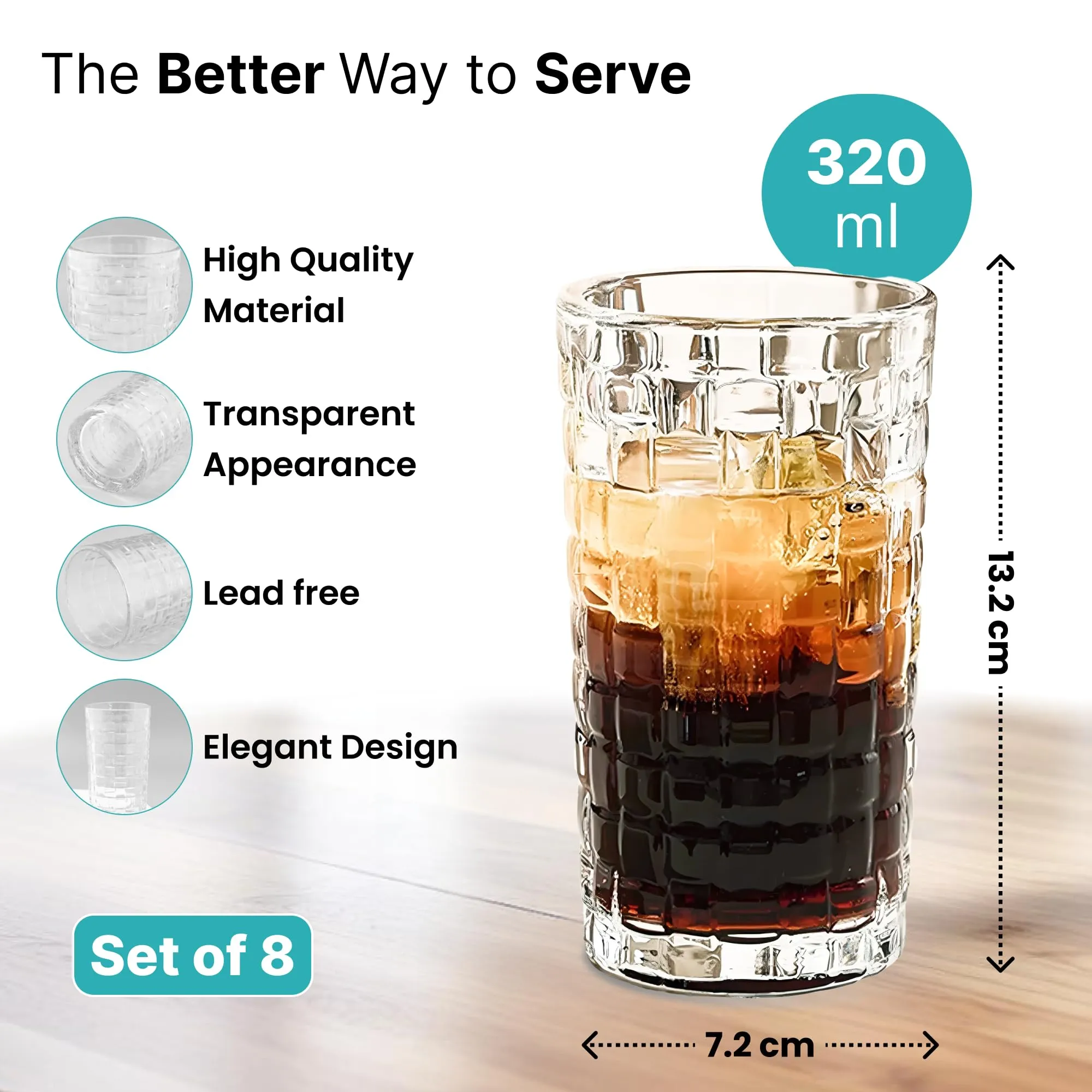The Better Home Zest Whiskey Glasses Set of 8 (320ml Each) | Lead Free Neat Whiskey Glass | Heavy Bottom Drinking Glass | Crystal Glass for Bar Home | Glass for Drinks | Cocktail Glasses