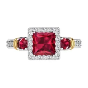 Three Stone Ruby and Diamond Halo Ring 14K Gold