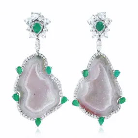 Uneven Geode Pear Cut Emerald White Sapphire Pave Diamond Danglers In White Gold
