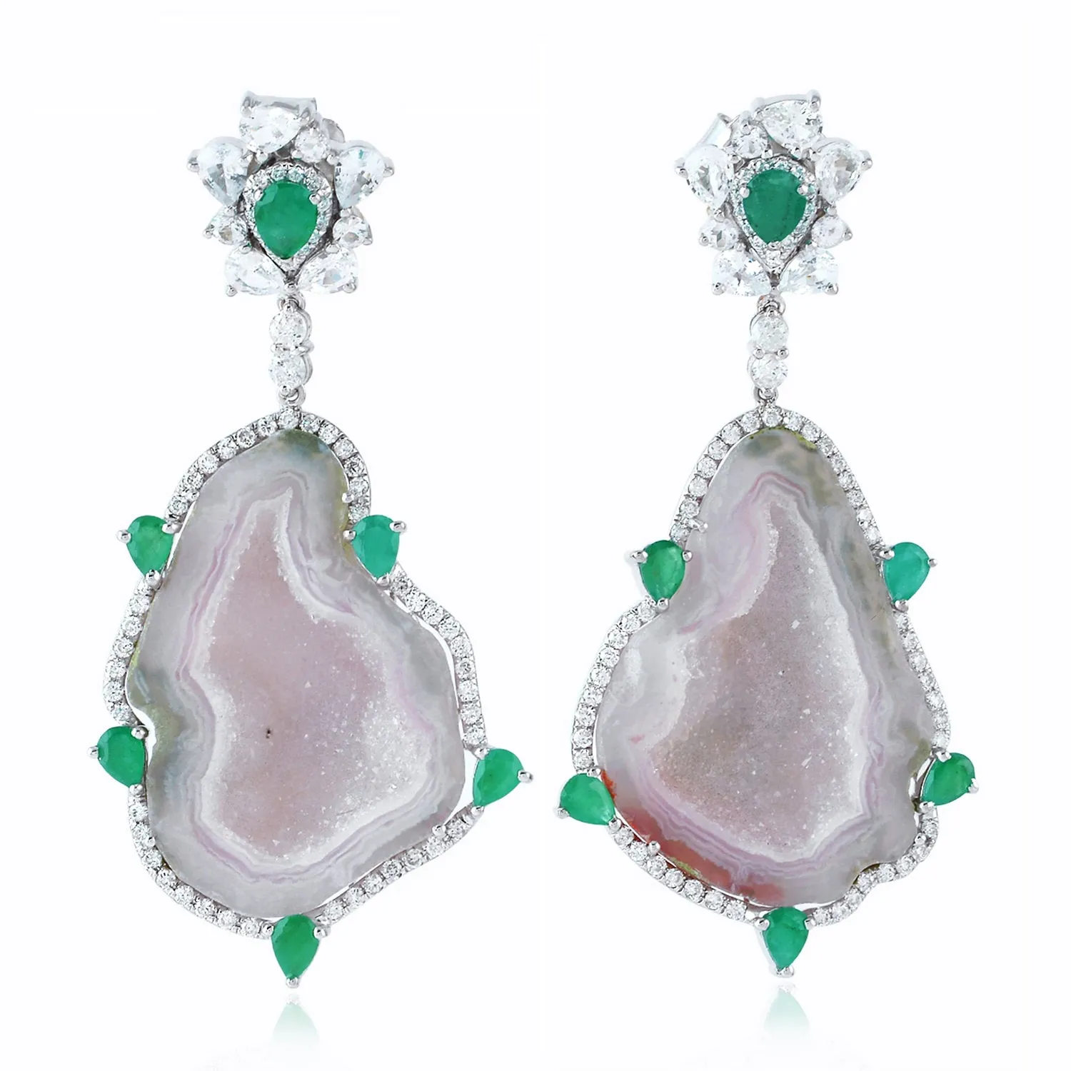 Uneven Geode Pear Cut Emerald White Sapphire Pave Diamond Danglers In White Gold