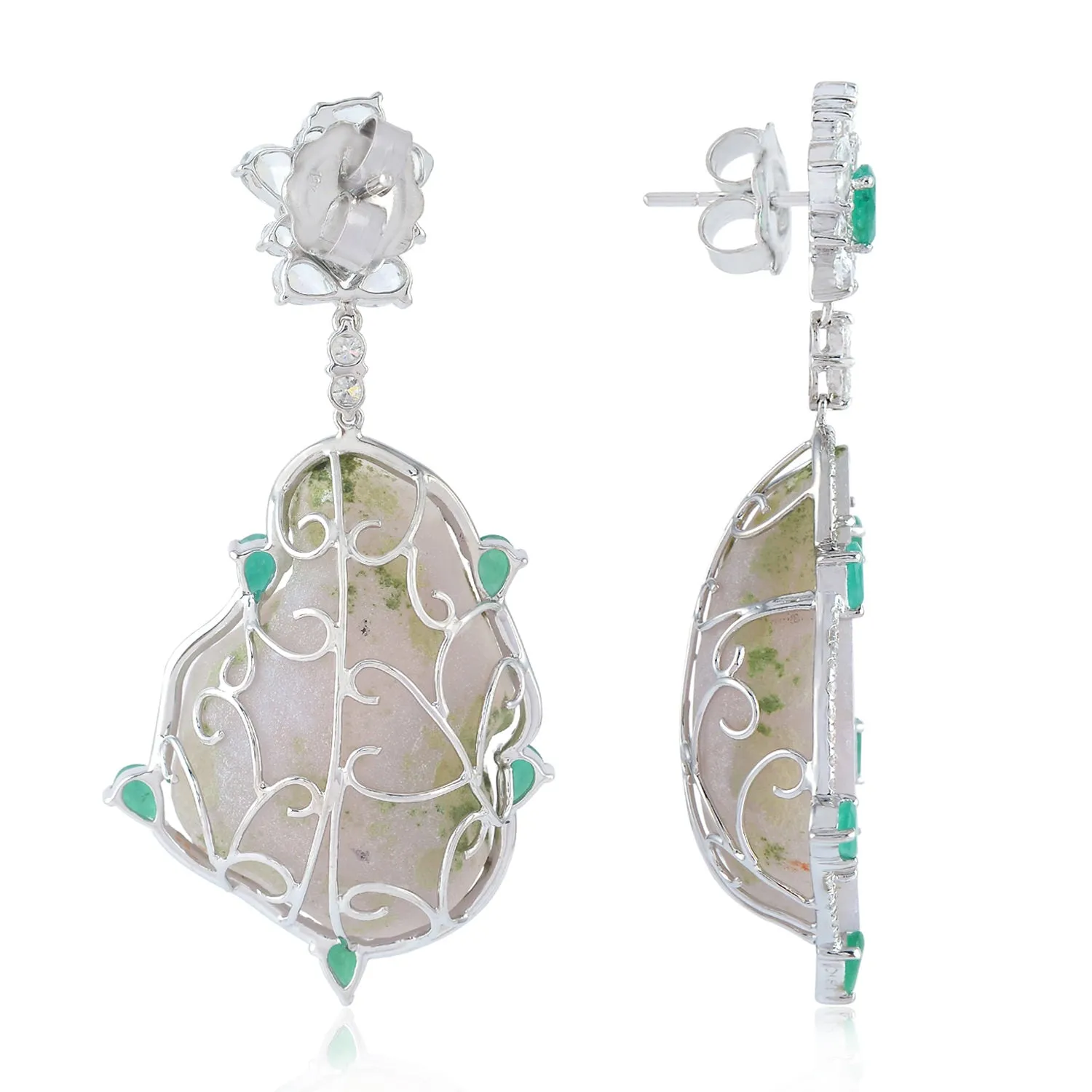 Uneven Geode Pear Cut Emerald White Sapphire Pave Diamond Danglers In White Gold