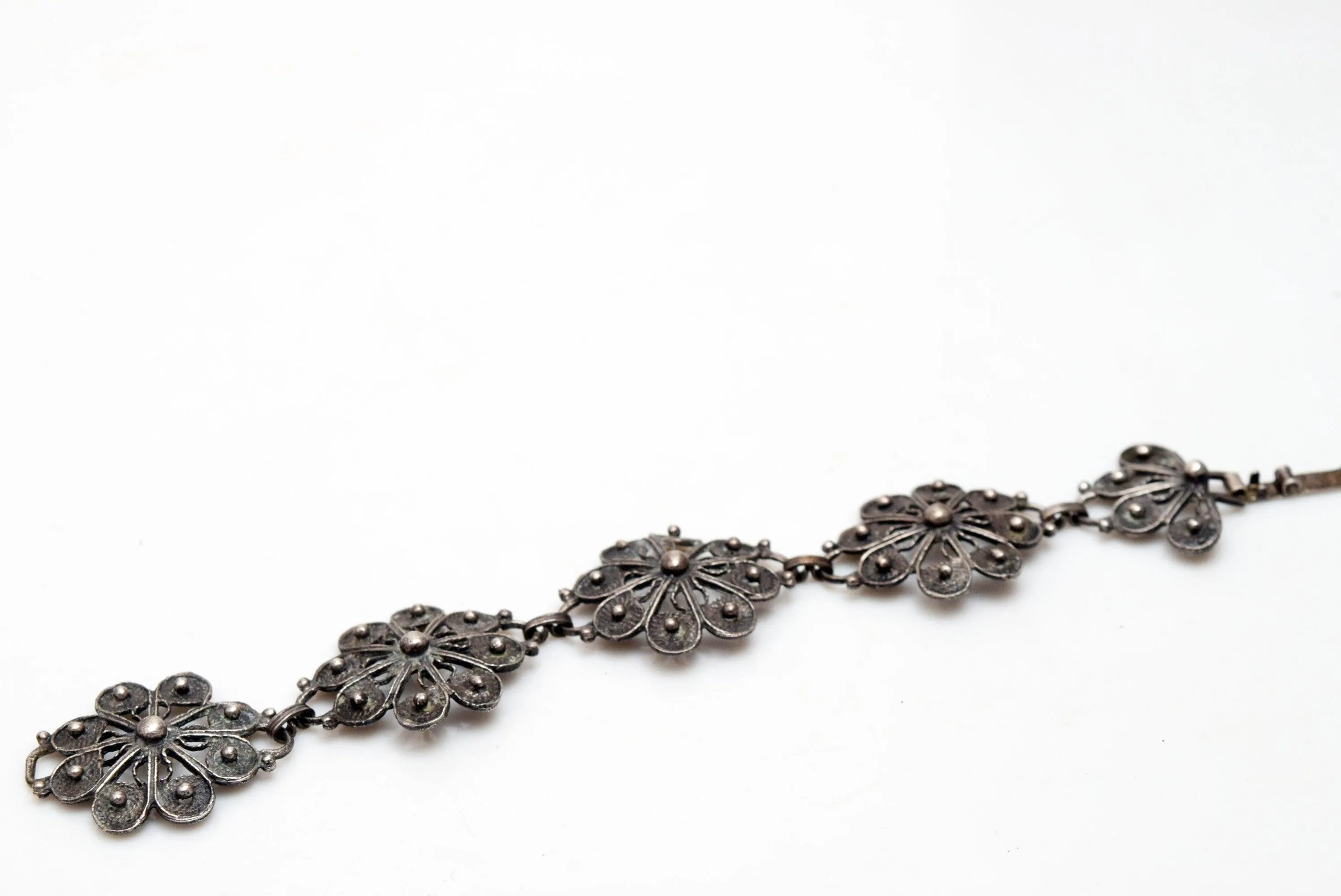 Vintage Mexican Silver Flower Link Bracelet