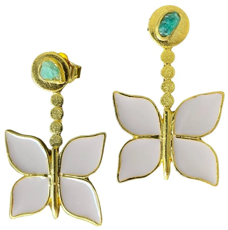Volare  Butterfly New Collection Colombian raw emerald & 24k Gold Plated 2 In 1 Earrings