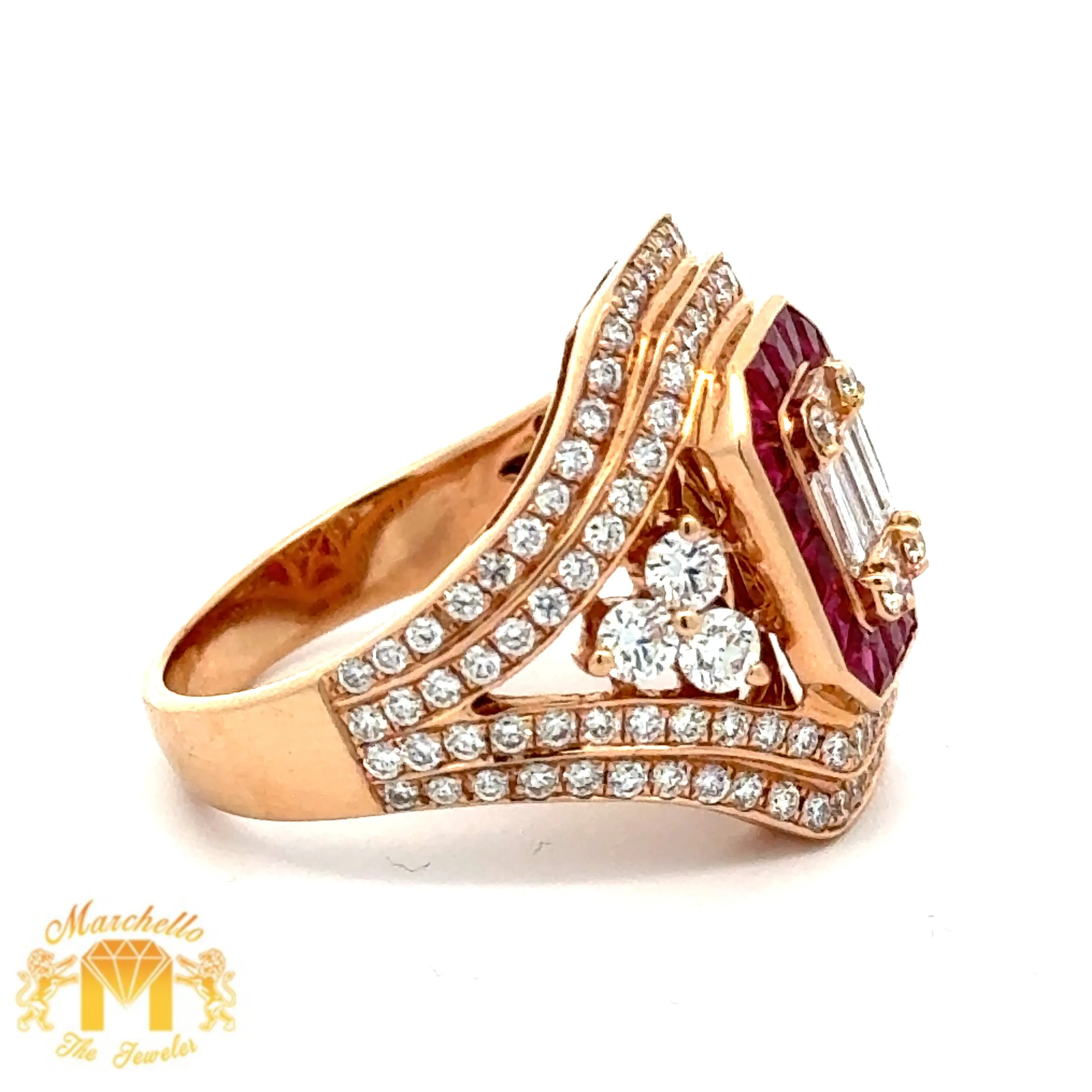 VVS/vs high clarity of diamonds set in a 18k rose gold Ring with Ruby and Round, Emerald cut  Diamonds