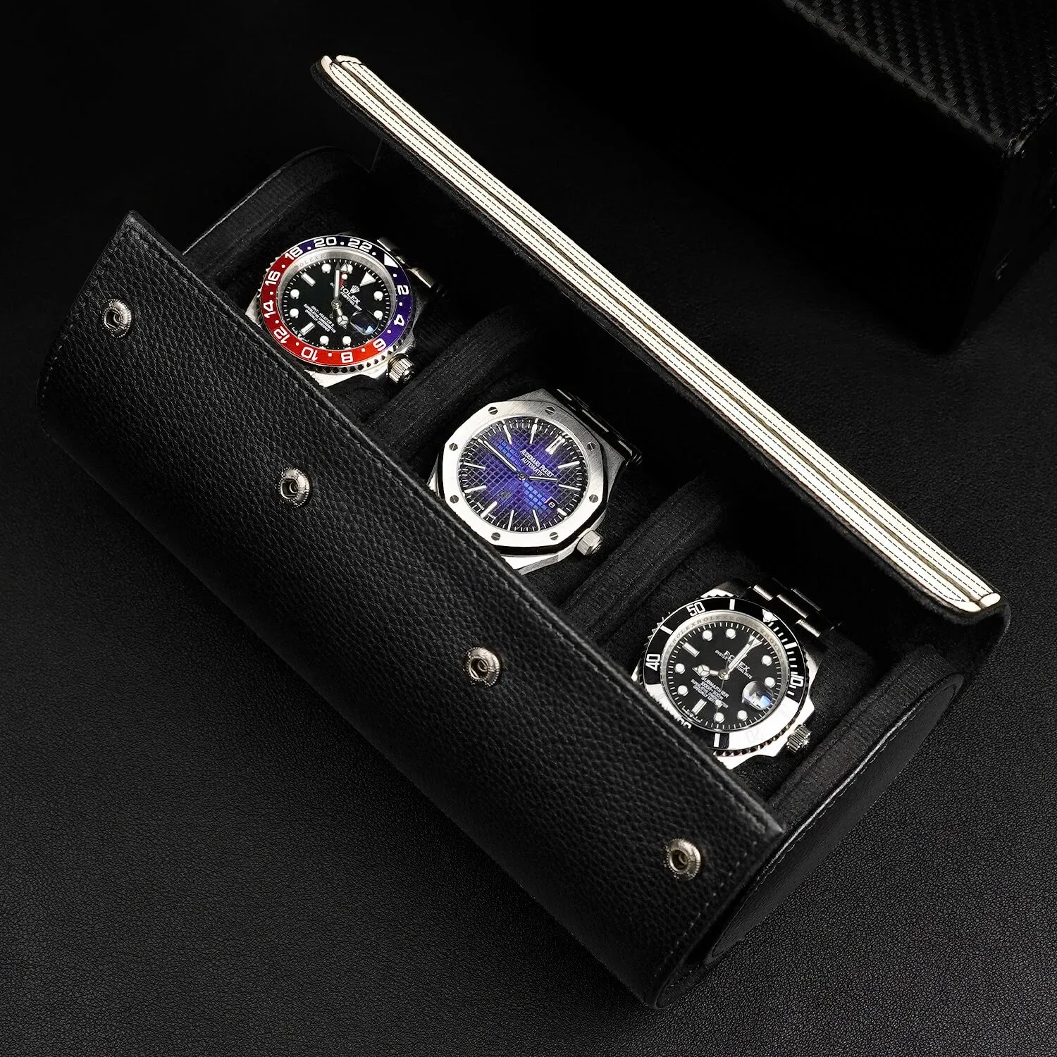 Watch Storage Organizer Roll Travel Case Vegan Leather-Black 3 Slots