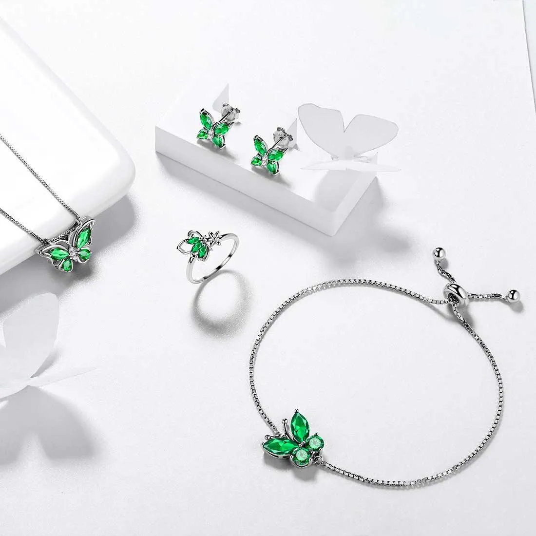 Women Stud Earrings Butterfly Birthstone May Emerald Girls Jewelry Birthday Gift