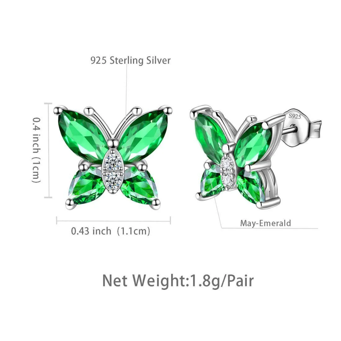 Women Stud Earrings Butterfly Birthstone May Emerald Girls Jewelry Birthday Gift