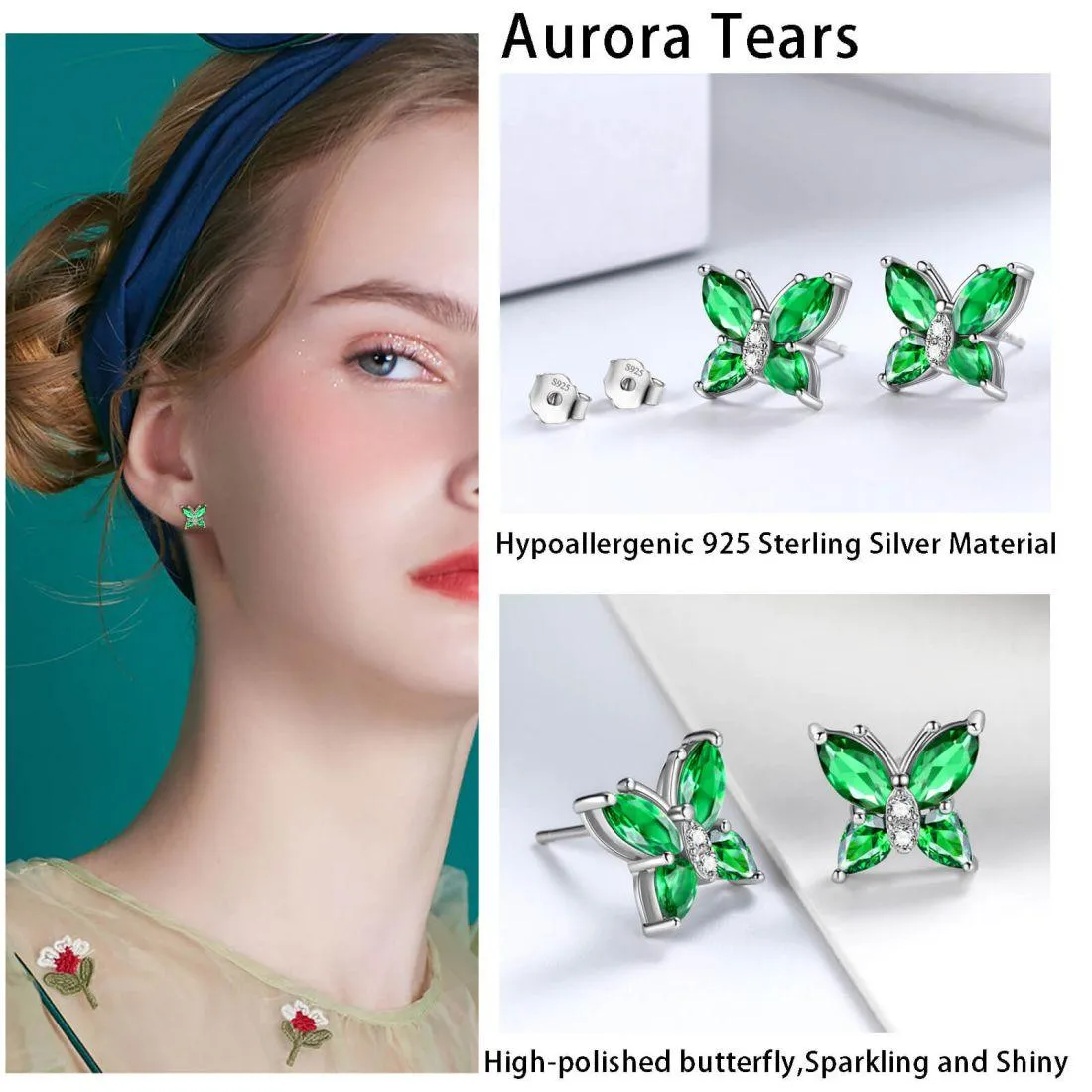 Women Stud Earrings Butterfly Birthstone May Emerald Girls Jewelry Birthday Gift
